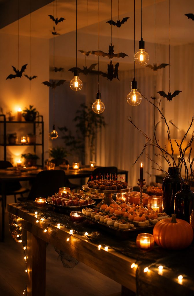 Dimmed lighting and LED candles on a Halloween-themed dining table.