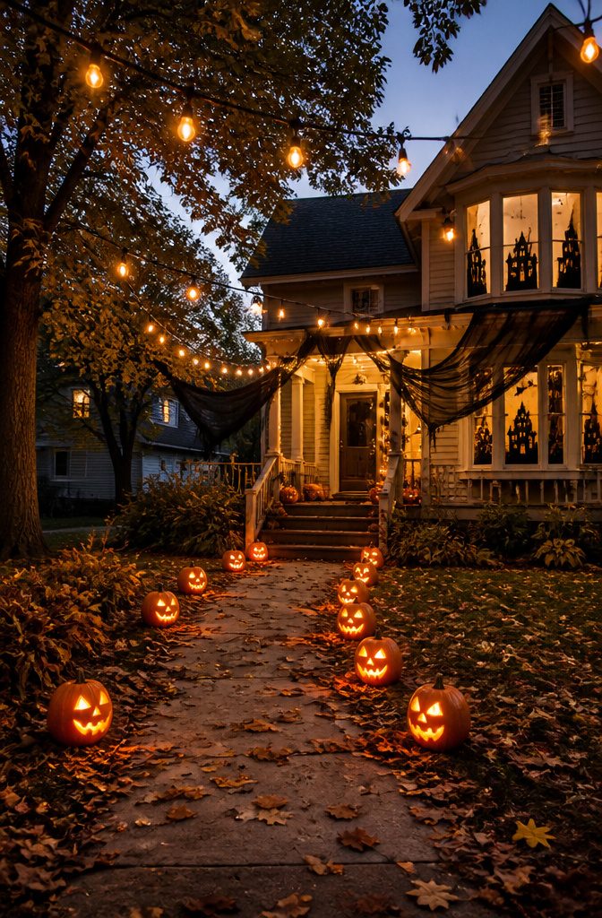 Torn black fabric draped over porch railings outdoors.