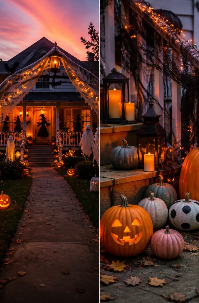 Outdoor Halloween decorations displayed on a lawn.