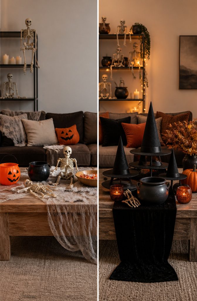A living room decorated with various Halloween items.