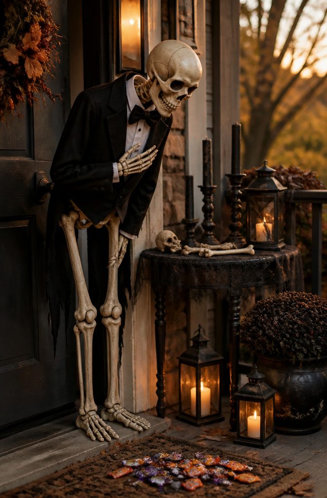 A skeleton butler standing near a front door.