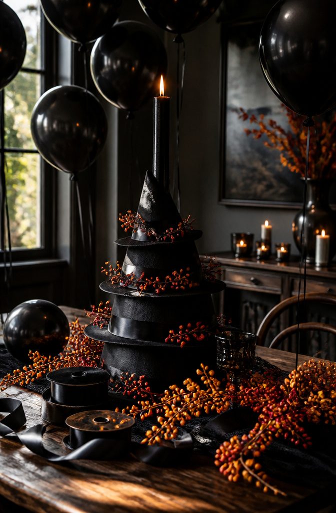 Stacked witch party hats with a black taper candle on a dark wooden table.