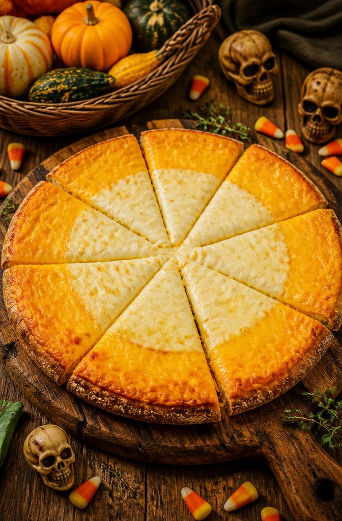 A cheese pizza with cheddar and mozzarella in candy corn shapes.