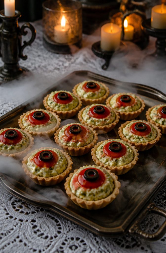 Tarts filled with jalapeño mixture and topped with chili sauce and olives.