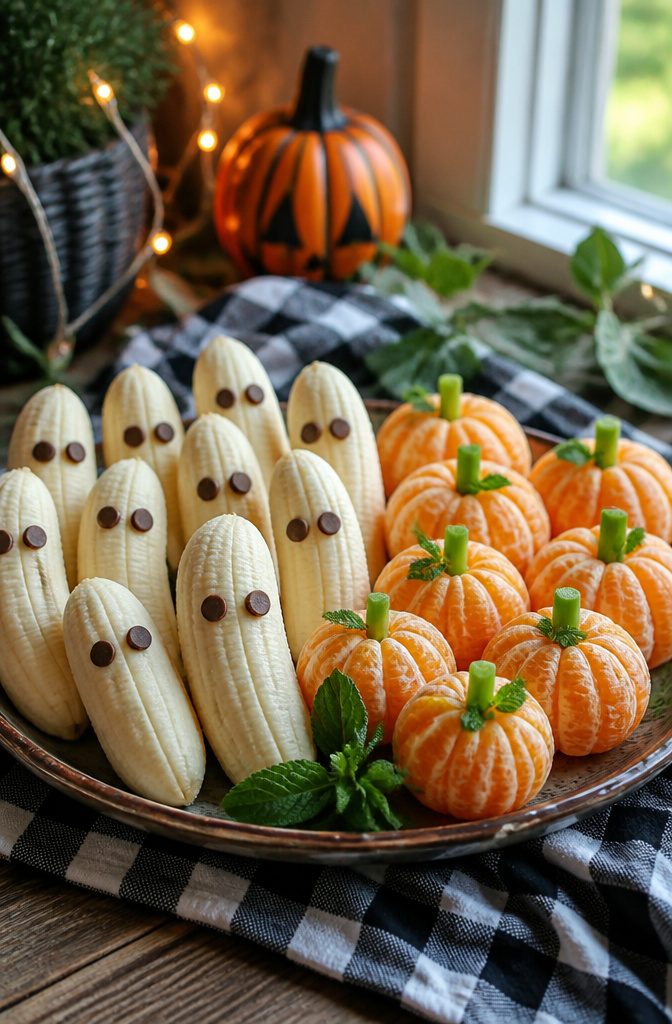 Bananas and clementines arranged to look like ghosts and pumpkins.