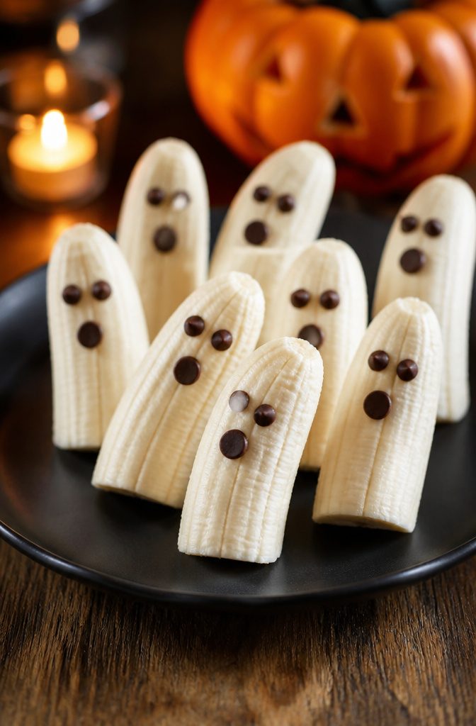 Bananas cut in half with chocolate chips to resemble ghost faces.