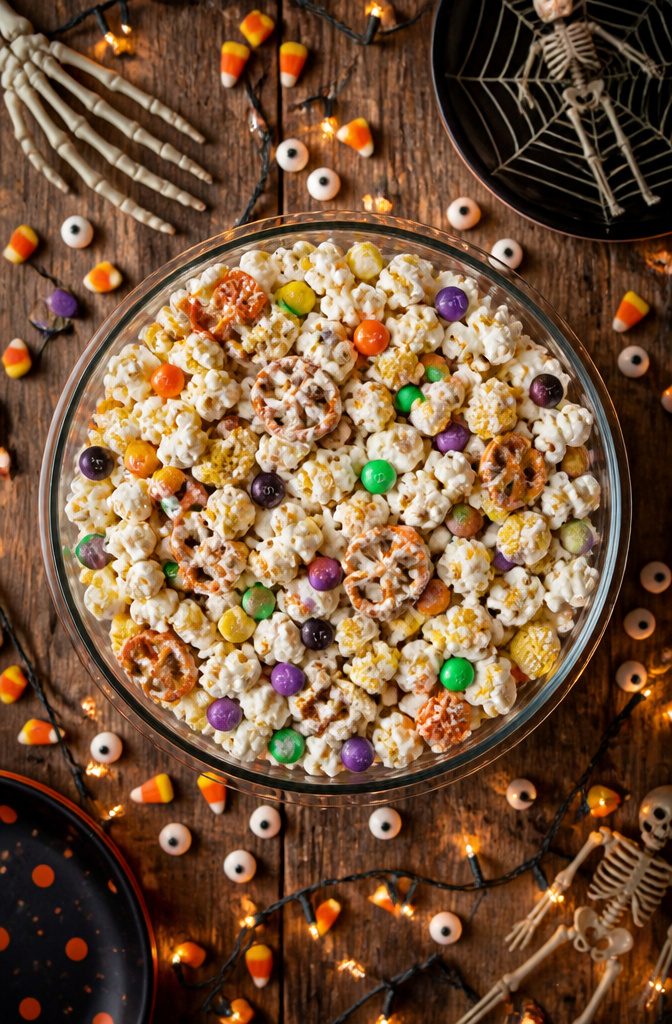 A bowl of mixed snacks including popcorn, Chex, pretzels, and candy.