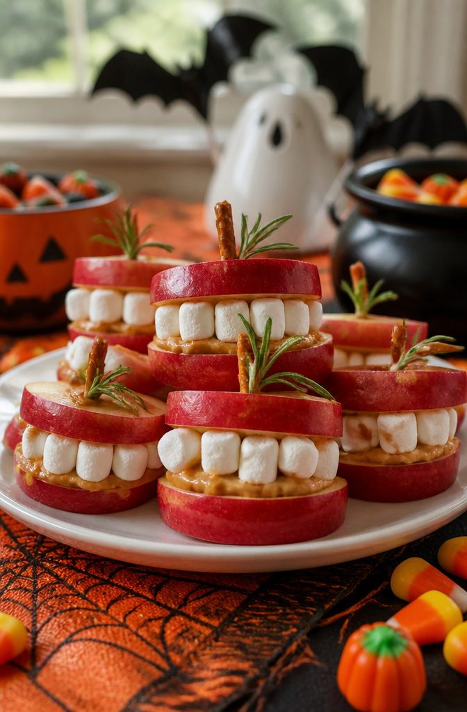 Apple slices with mini marshmallows pressed in to look like monster jaws.