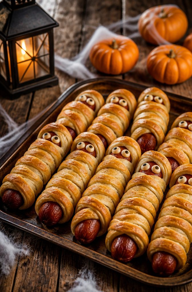 Hot dogs wrapped in crescent dough with candy eyes on top.