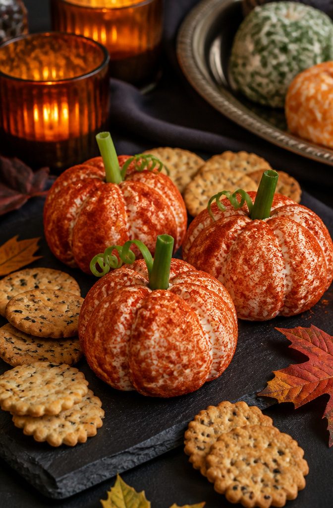 Cheese balls shaped like pumpkins and coated with paprika.