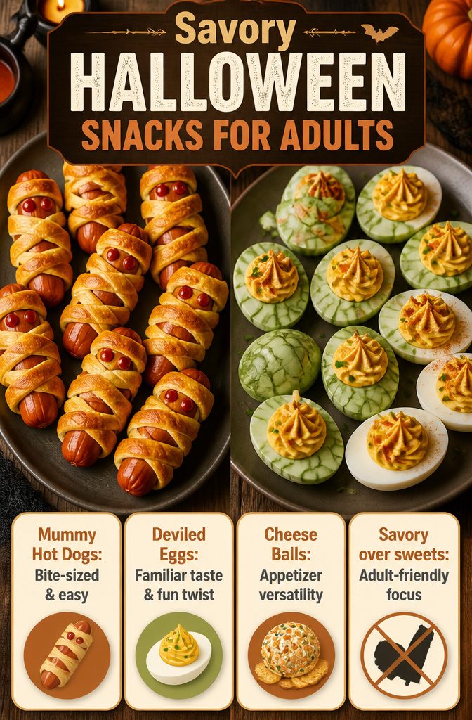 A display of savory Halloween snacks suitable for adult guests.