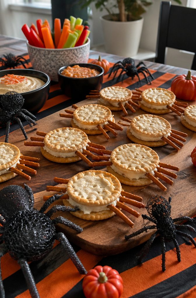 Crackers layered with cheese and pretzel sticks to form spider shapes.