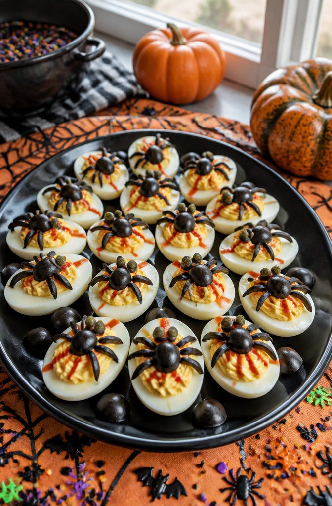 Deviled eggs with black olives arranged as spiders on a tablecloth.