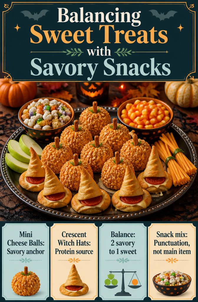 A table featuring both sweet and savory Halloween snacks.