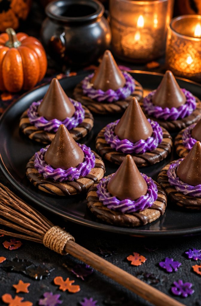 Chocolate Kisses placed on cookies to resemble witch hats.