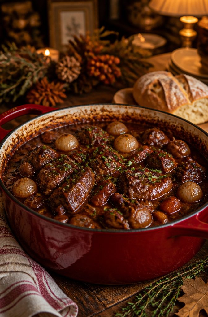 20 Thanksgiving Dinner Main Dishes for 2026 14 A bowl of brisket bourguignon with pearl onions and bacon.