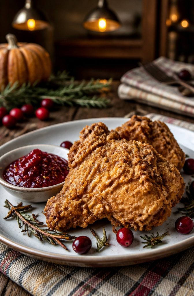 20 Thanksgiving Dinner Main Dishes for 2026 7 Crispy fried chicken pieces on a plate with a sauce dish.