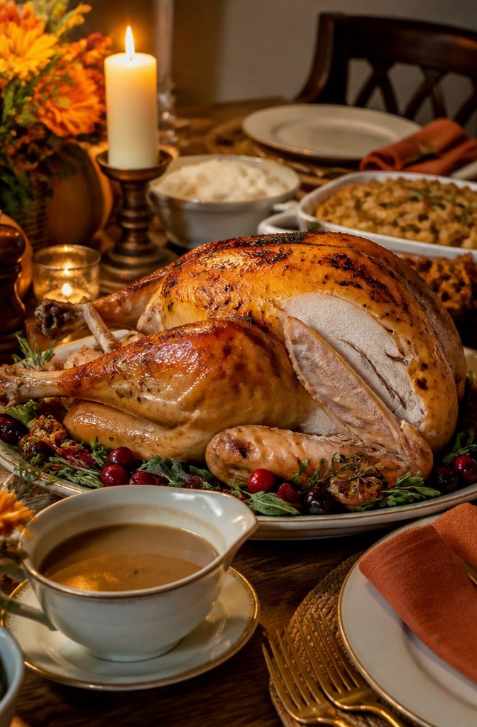 20 Thanksgiving Dinner Main Dishes for 2026 20 A perfectly browned roast turkey on an elegant table.