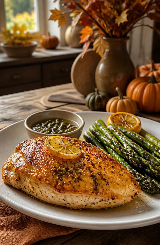 20 Thanksgiving Dinner Main Dishes for 2026 19 A roasted lemon chicken breast on a platter with sauce.