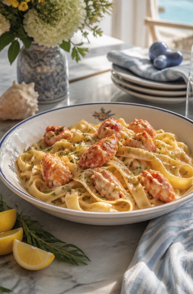 20 Thanksgiving Dinner Main Dishes for 2026 3 A bowl of lobster pasta with pappardelle noodles and lobster pieces.