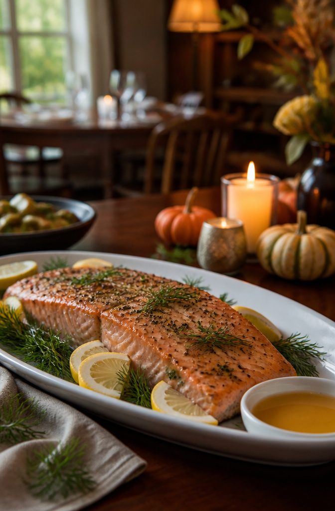 20 Thanksgiving Dinner Main Dishes for 2026 17 A poached salmon fillet on a serving platter with garnish.