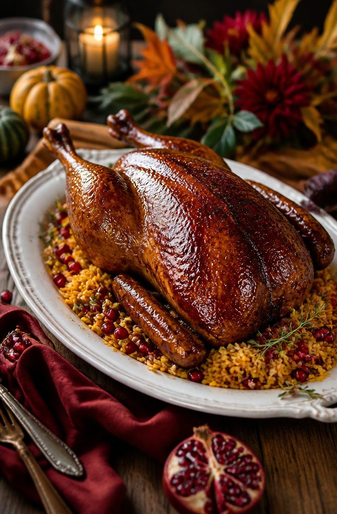 20 Thanksgiving Dinner Main Dishes for 2026 10 Two roasted ducks on a platter with saffron rice.