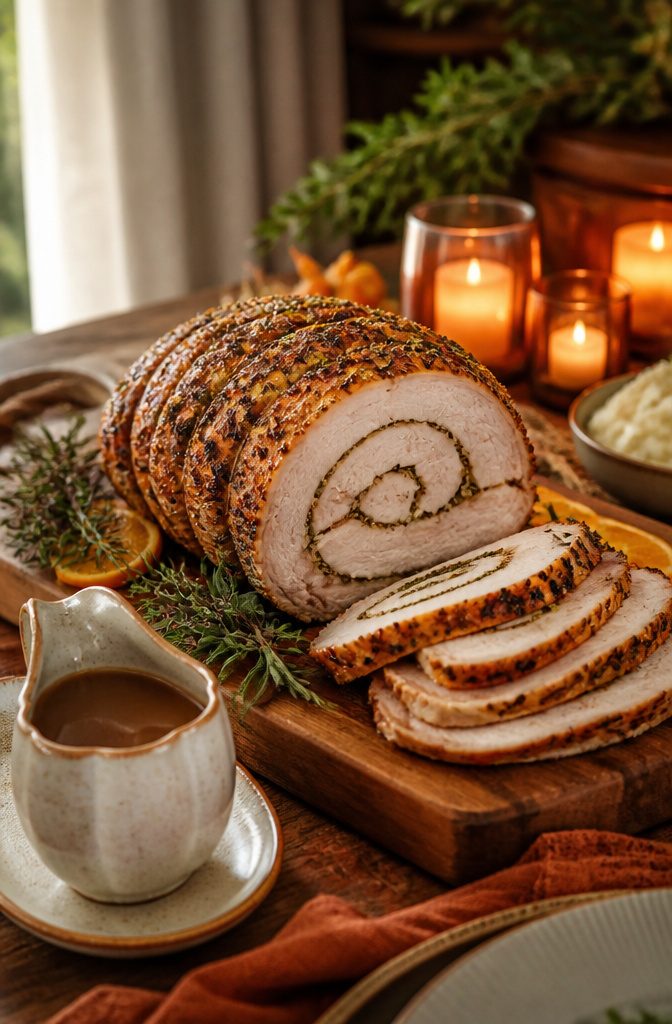 20 Thanksgiving Dinner Main Dishes for 2026 6 A rolled porchetta-style turkey breast on a wooden cutting board.