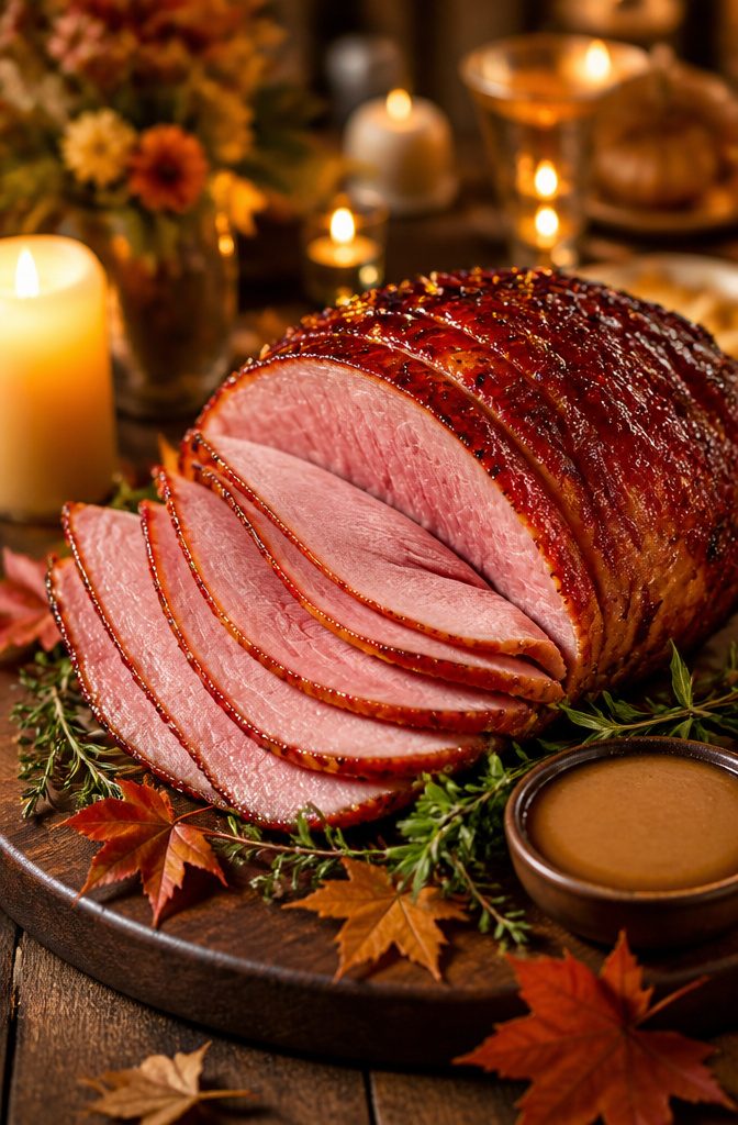 20 Thanksgiving Dinner Main Dishes for 2026 16 A bone-in smoked ham on a cutting board, ready to be sliced.