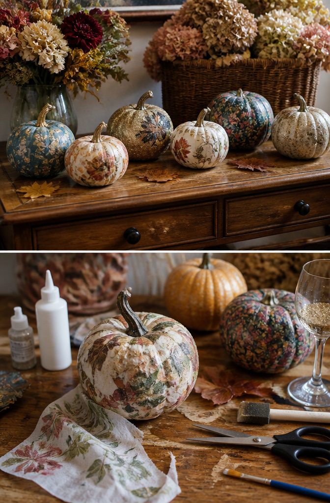 Pretty Painted Pumpkins: Ideas and Techniques for 2026 13 A pumpkin decorated with decoupage techniques using tissue paper.