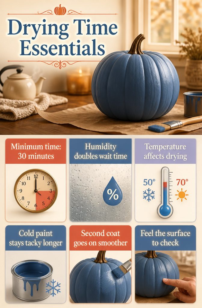 Pretty Painted Pumpkins: Ideas and Techniques for 2026 16 An information image about drying time essentials for painted pumpkins.