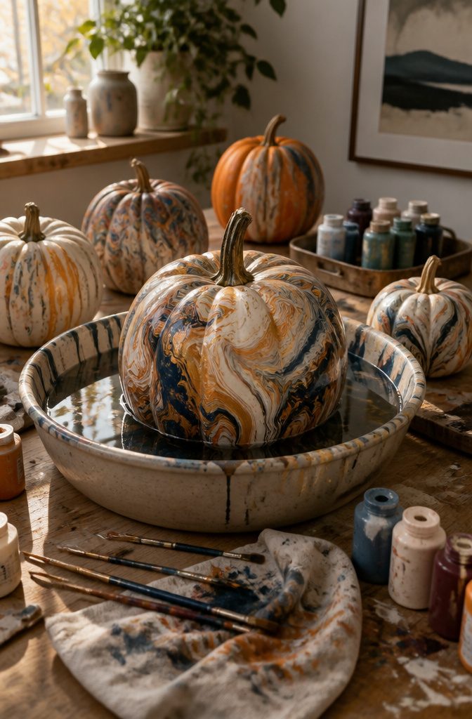 Pretty Painted Pumpkins: Ideas and Techniques for 2026 11 A marbled pumpkin in a bowl of water surrounded by supplies.