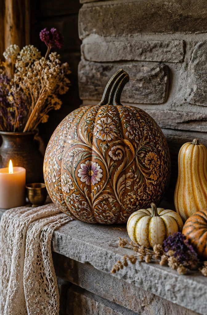 Pretty Painted Pumpkins: Ideas and Techniques for 2026 8 A pumpkin adorned with detailed floral and vine patterns.
