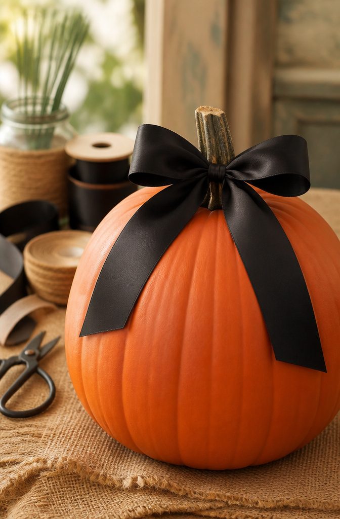 Pretty Painted Pumpkins: Ideas and Techniques for 2026 4 A painted pumpkin adorned with a black and white ribbon.