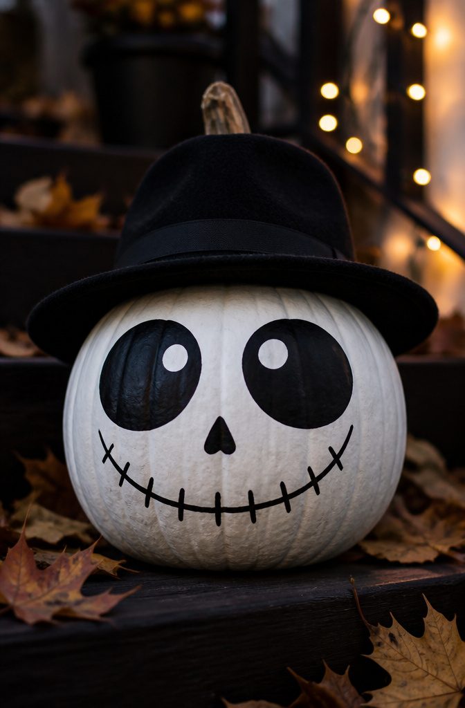 Pretty Painted Pumpkins: Ideas and Techniques for 2026 5 A white-painted pumpkin with large eyes and a felt hat.