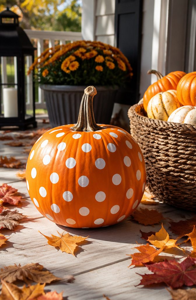 Pretty Painted Pumpkins: Ideas and Techniques for 2026 3 A pumpkin decorated with polka dots on a porch surrounded by autumn decor.