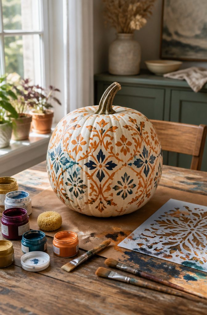 Pretty Painted Pumpkins: Ideas and Techniques for 2026 10 A pumpkin with a detailed stenciled pattern on its surface.