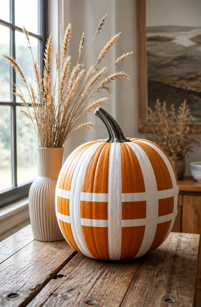 Pretty Painted Pumpkins: Ideas and Techniques for 2026 2 A striped pumpkin with white craft paint on a wooden table.