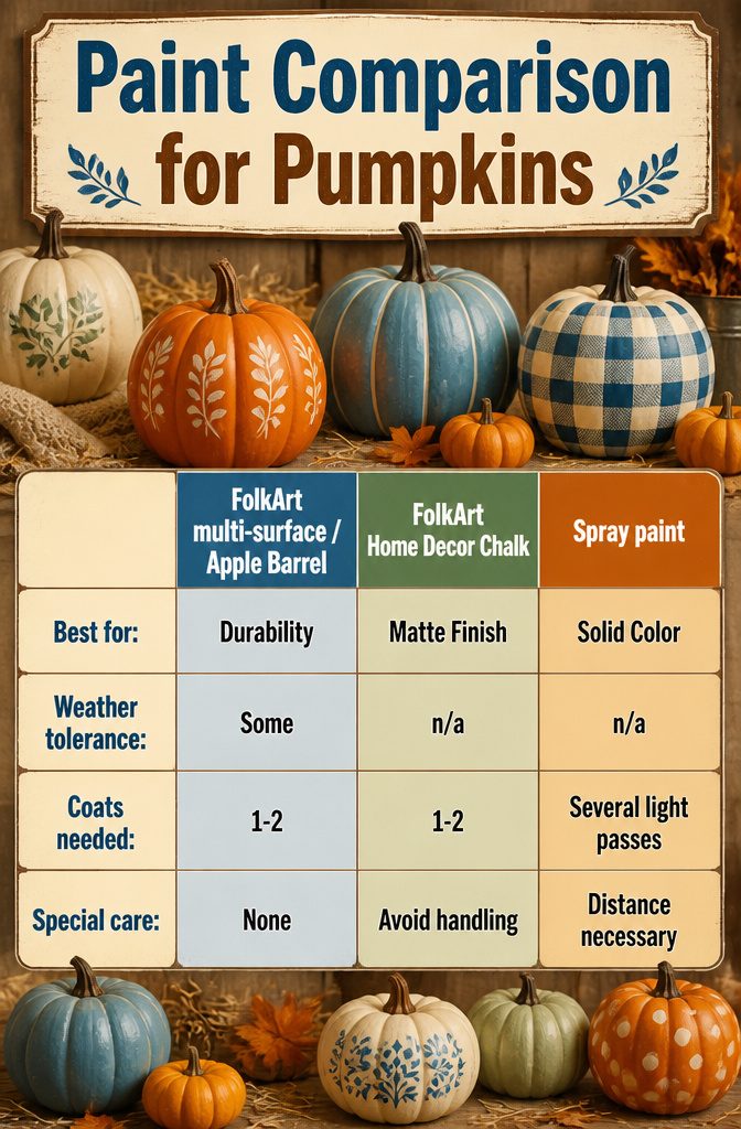 Pretty Painted Pumpkins: Ideas and Techniques for 2026 14 An information graphic comparing paint types suitable for pumpkins.