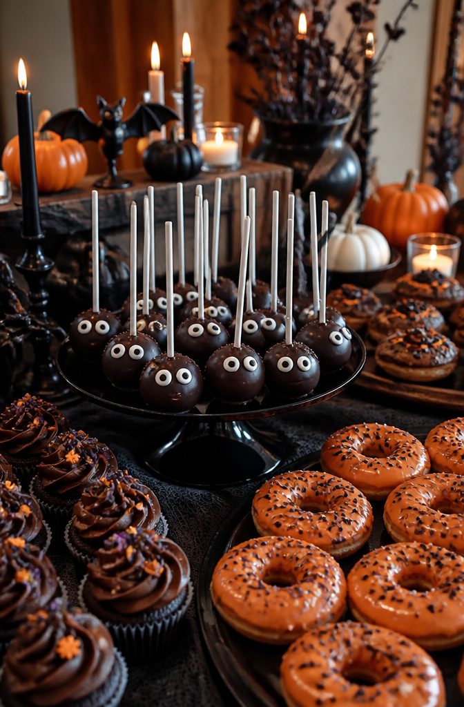 A variety of Halloween-themed desserts, including cake pops and cupcakes.