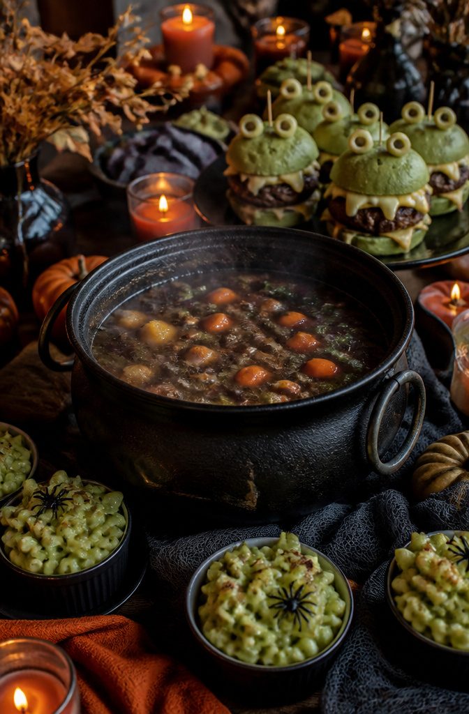 A table featuring witches brew stew and pumpkin ale mac and cheese.