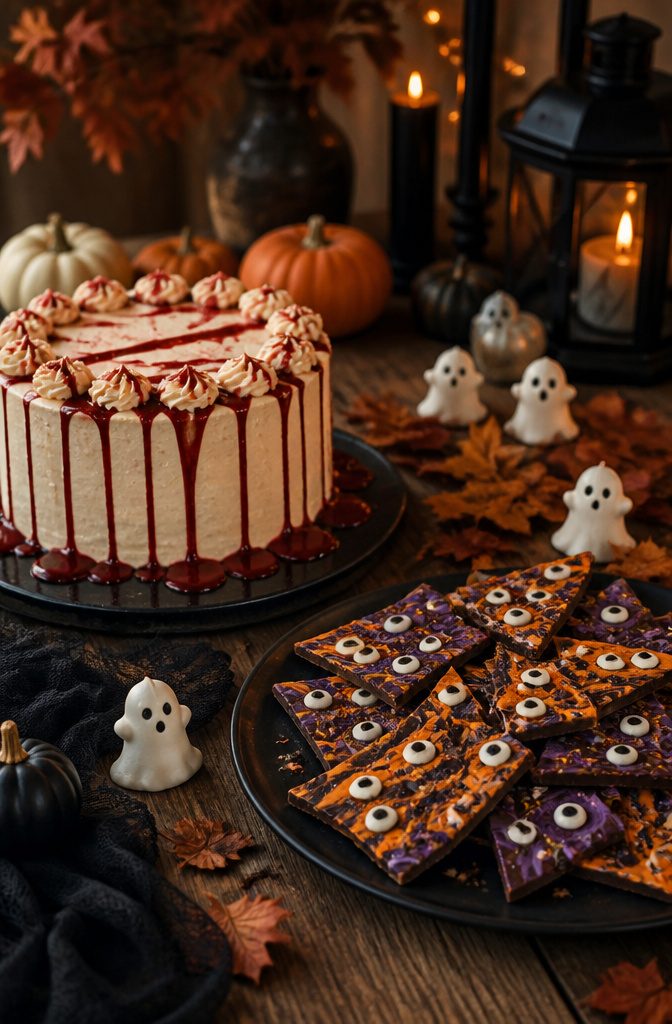 A cake decorated with fake blood and pieces of Halloween bark.