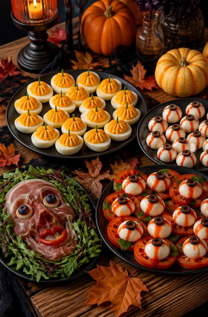 A platter featuring Halloween-themed appetizers like deviled eggs and mozzarella balls.