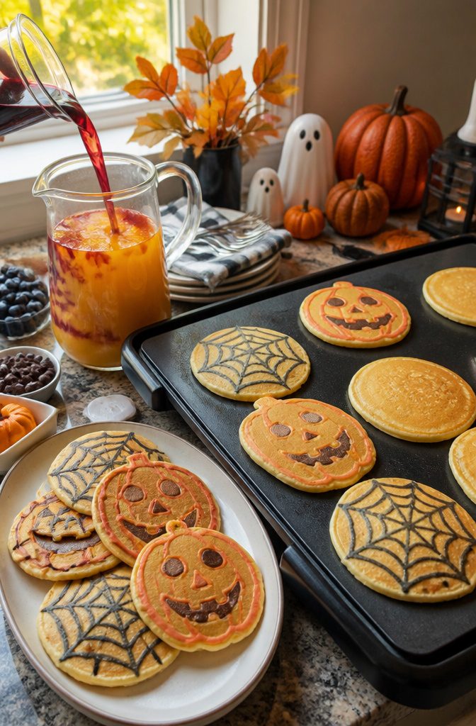 A stack of pancakes decorated with spiderwebs and jack-o'-lantern faces.