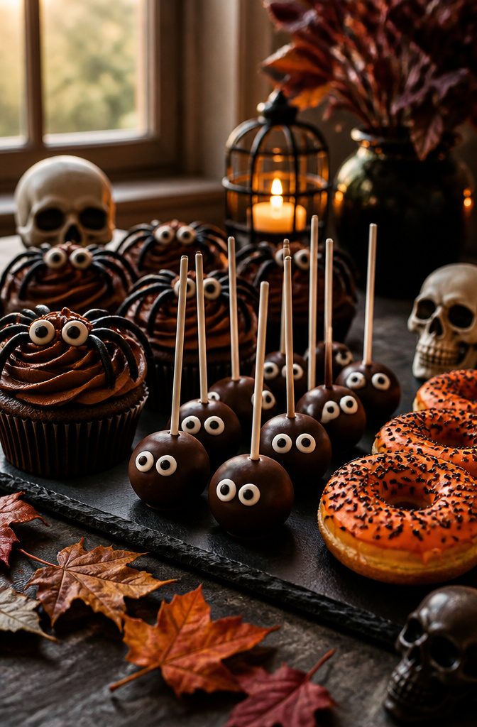 A dessert table with Halloween-themed cake pops and cupcakes.