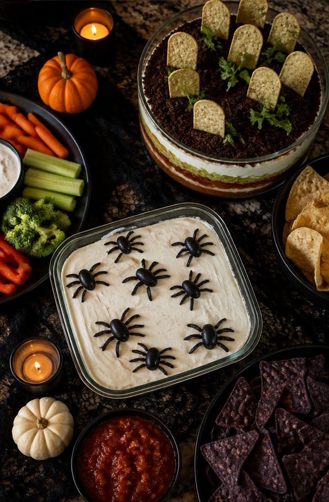 A layered dip designed to look like a spider with olives on top.