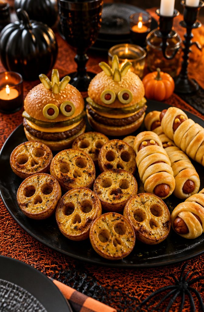 Main dishes including skull-shaped potatoes and monster burgers on a plate.