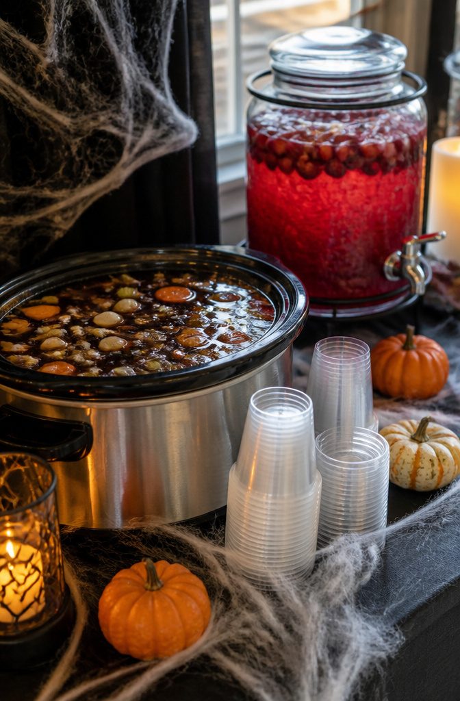 A slow cooker displaying witches brew stew with cups beside it.