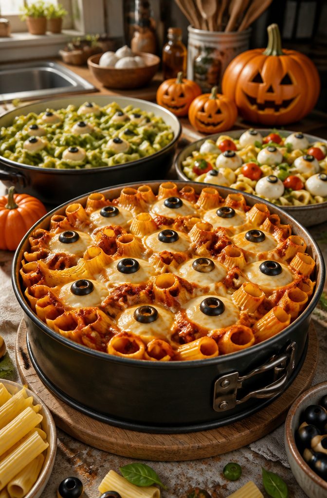 A pasta pie with rigatoni arranged upright and topped with mozzarella and olives.