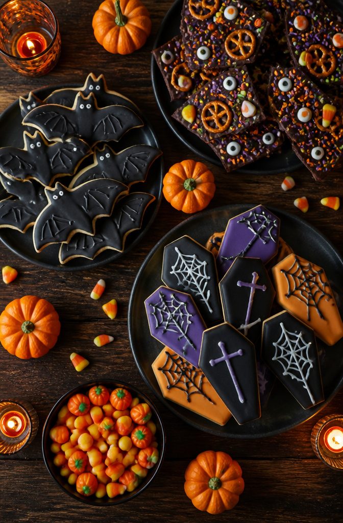 A tray of Halloween-themed cookies shaped like bats and coffins.