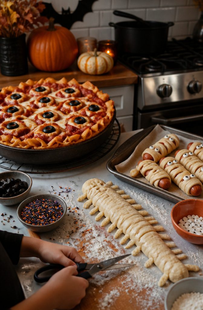 A colorful deep-dish pasta pie with olive eyes on top.